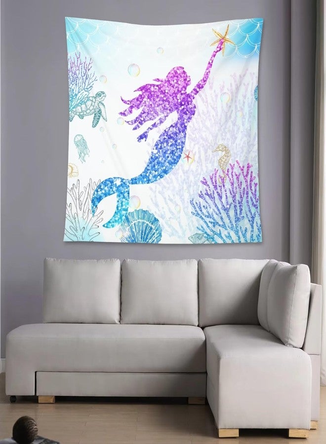 AAVEUP Mermaid Tapestry Blue Watercolor Simple Underwater Glitter Coral Starfish Seahorse Sea Turtle Mermaid Princess Tapestries for Nursery Boys Girls Bedroom Dorm Living Room Decor 30x40in - Image 2